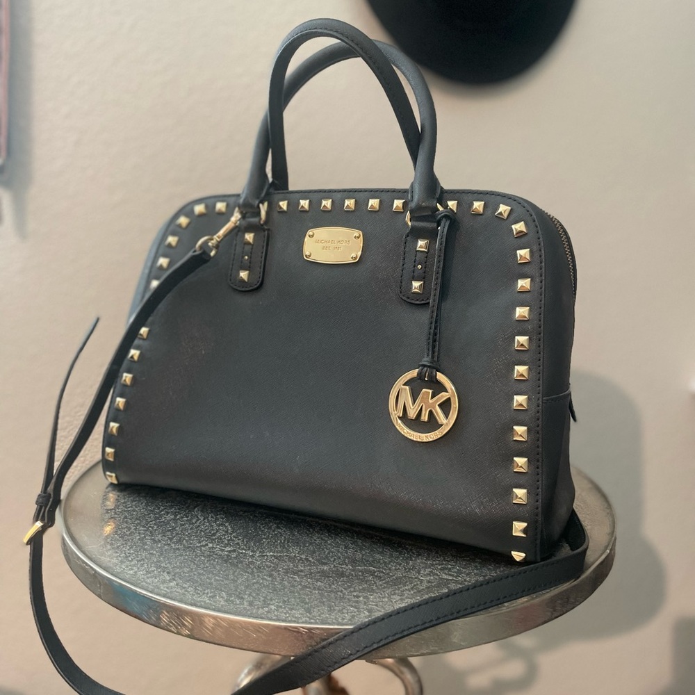 Michael Kors Black Saffiano Leather Medium Studded Sandrine Satchel